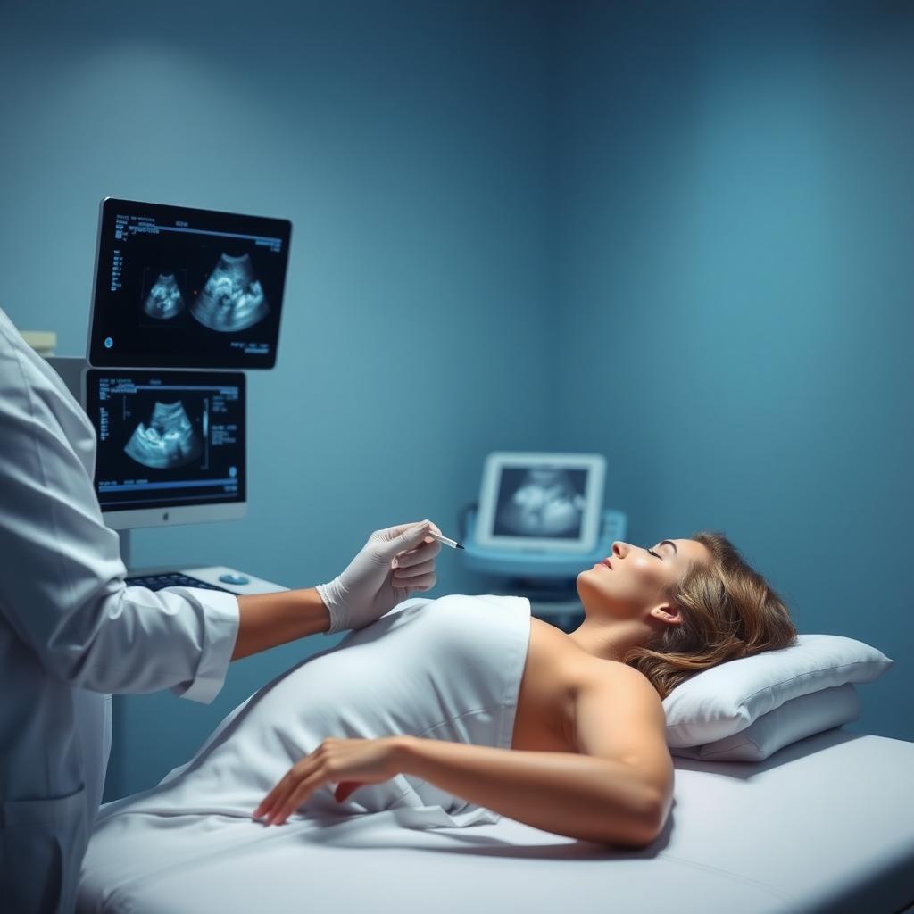 Ultrasound technician monitoring ovarian follicles in a serene medical room