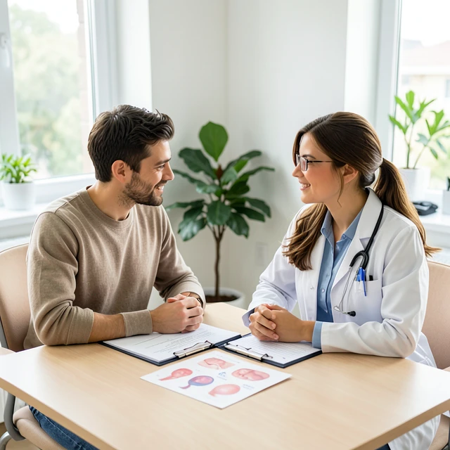 Young couple consulting a doctor about fertility preservation options