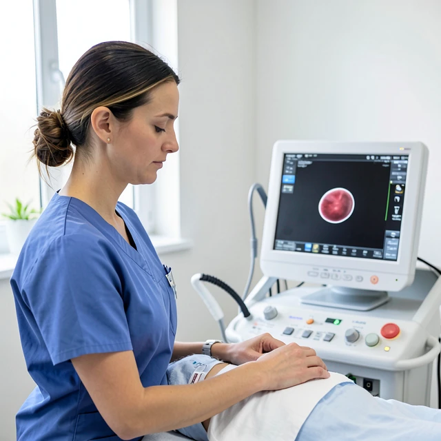 Woman receiving ultrasound monitoring in natural cycle IVF procedure