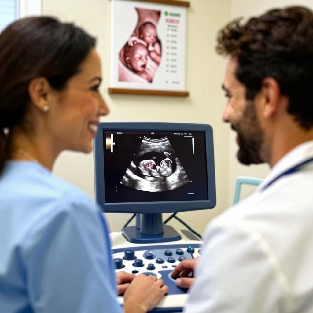 Couple viewing ultrasound after successful frozen embryo transfer