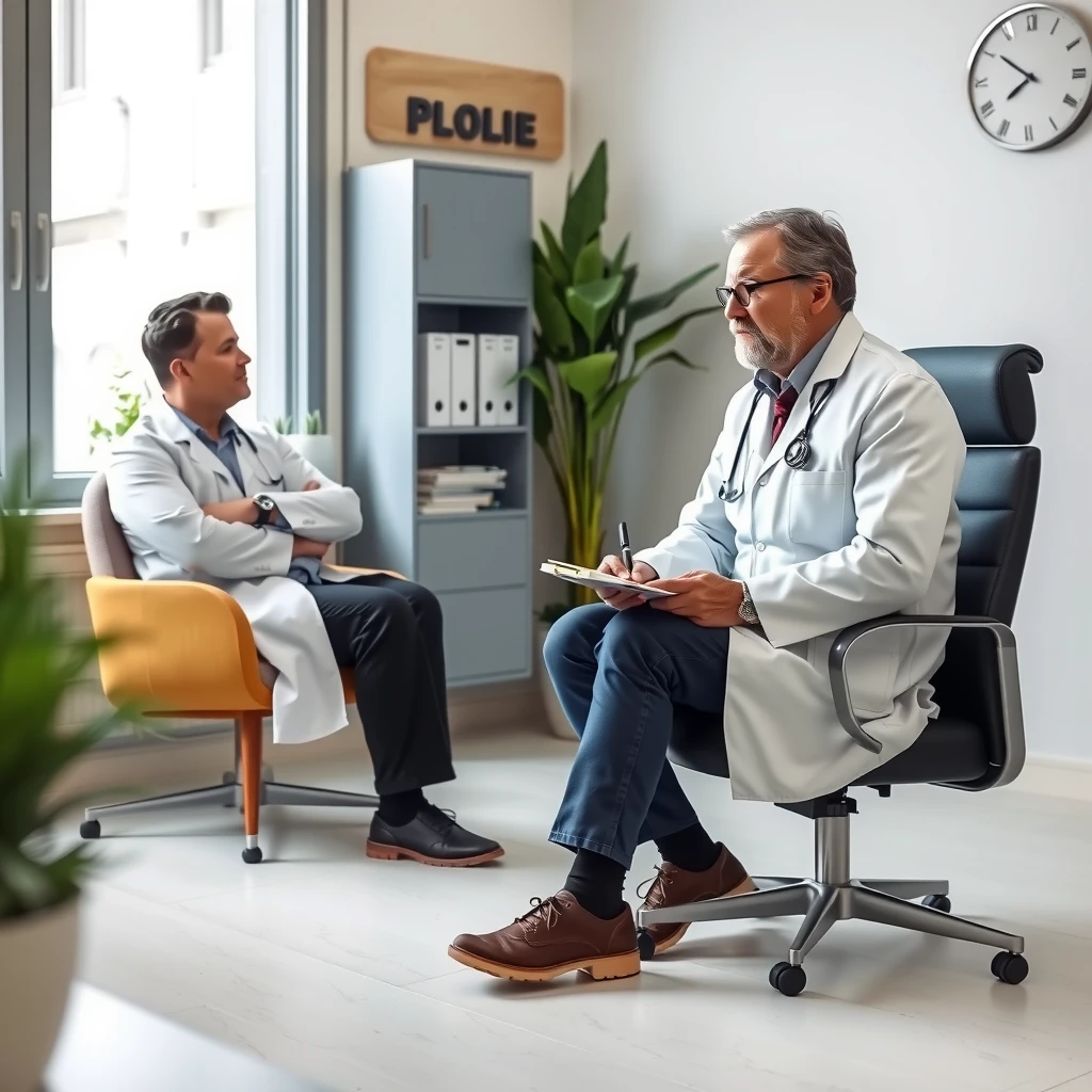 Doctor consulting with a male patient about infertility issues in a supportive clinical setting