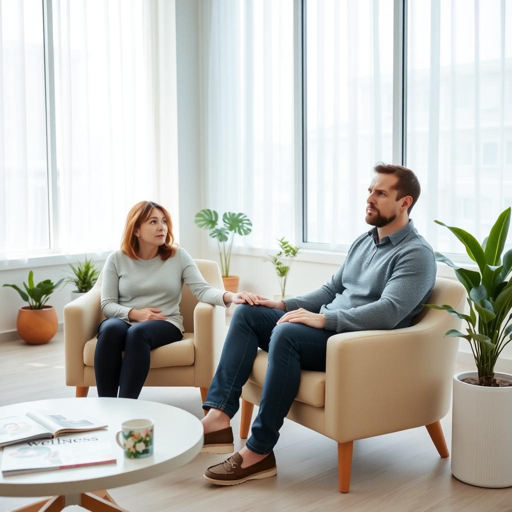 A cozy fertility clinic waiting room with a couple sitting together, surrounded by calming decor and natural light.