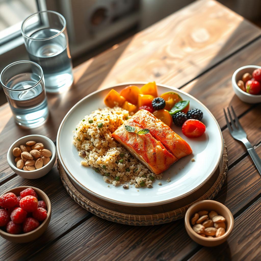 A colorful fertility-friendly meal with salmon, quinoa, vegetables, berries, and nuts on a rustic wooden table.