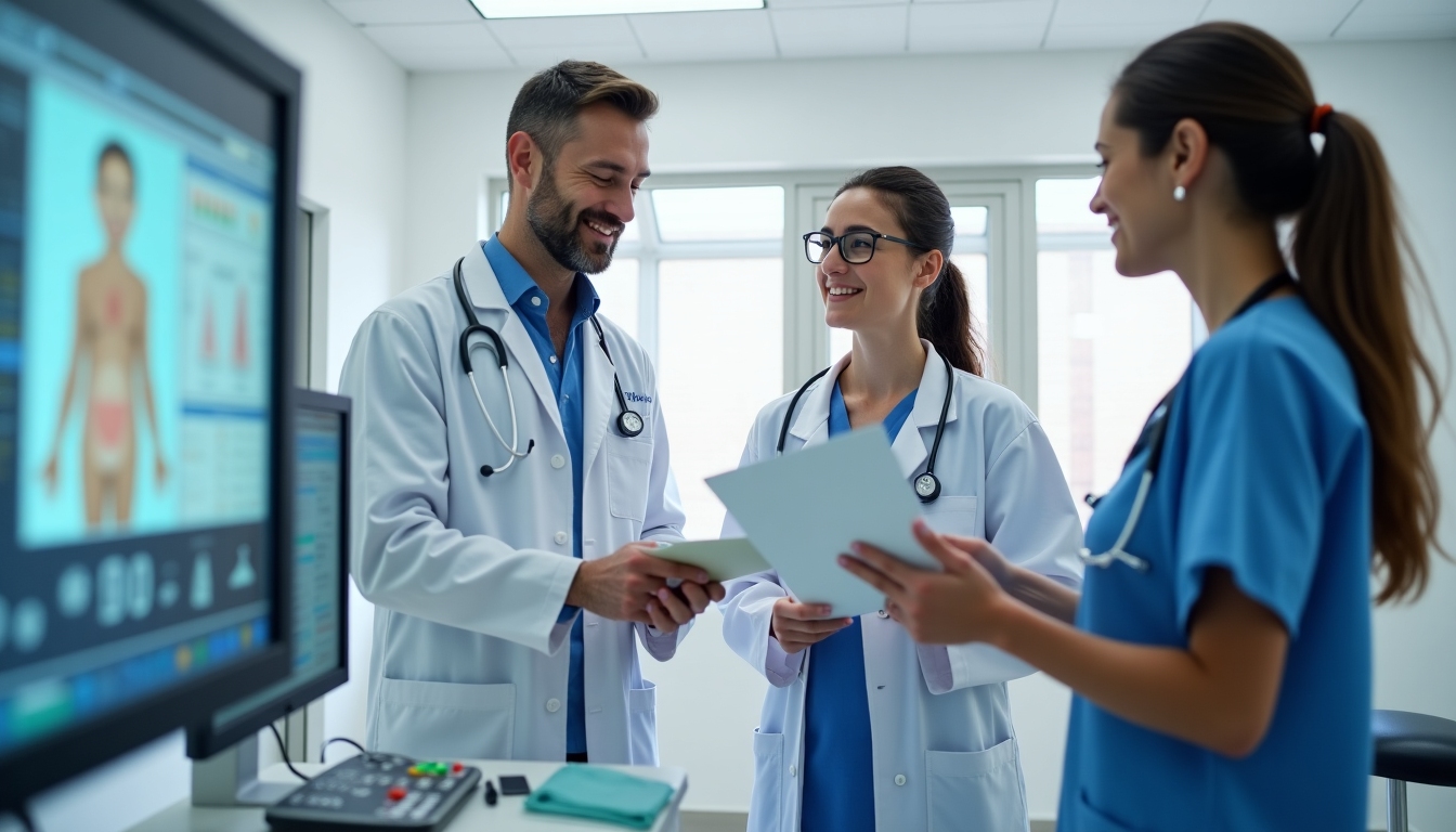 Experienced healthcare professionals consulting each other in a fertility clinic