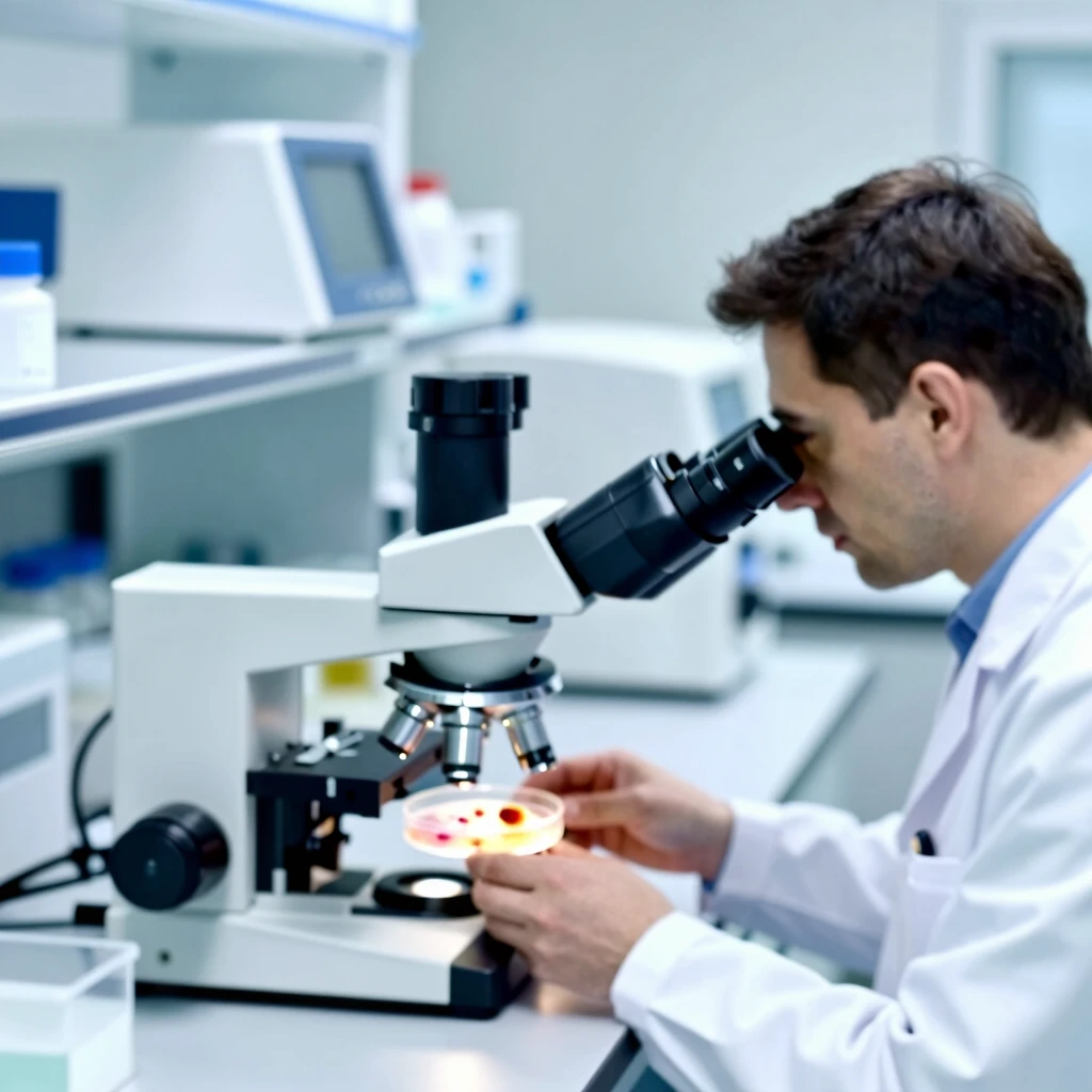Embryologists working in an IVF laboratory examining embryos