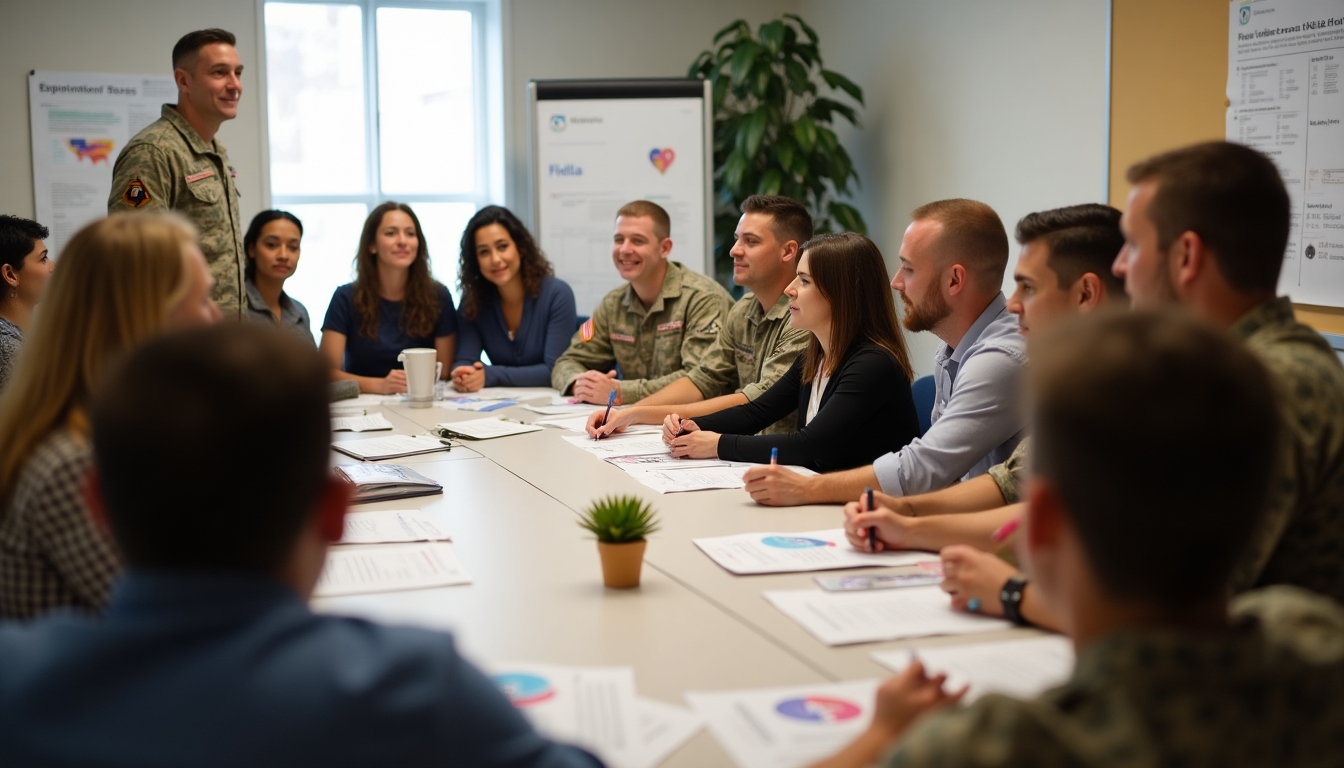 Military support group meeting discussing health topics, participants are engaged in conversation.