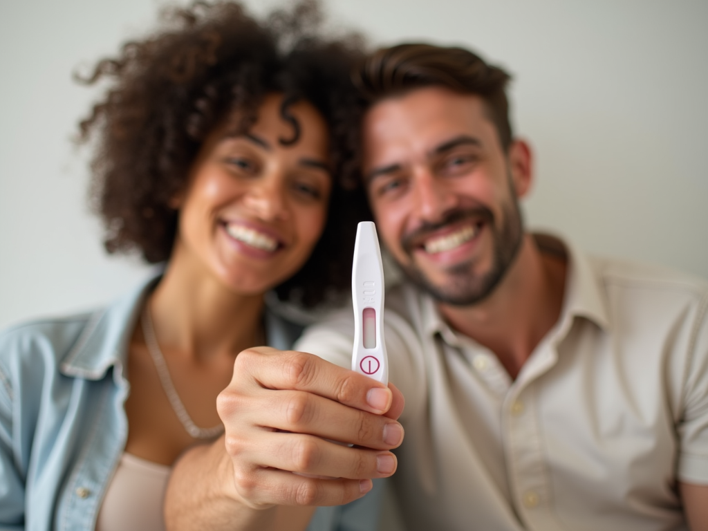 Couple celebrating a positive pregnancy test after fertility treatment.