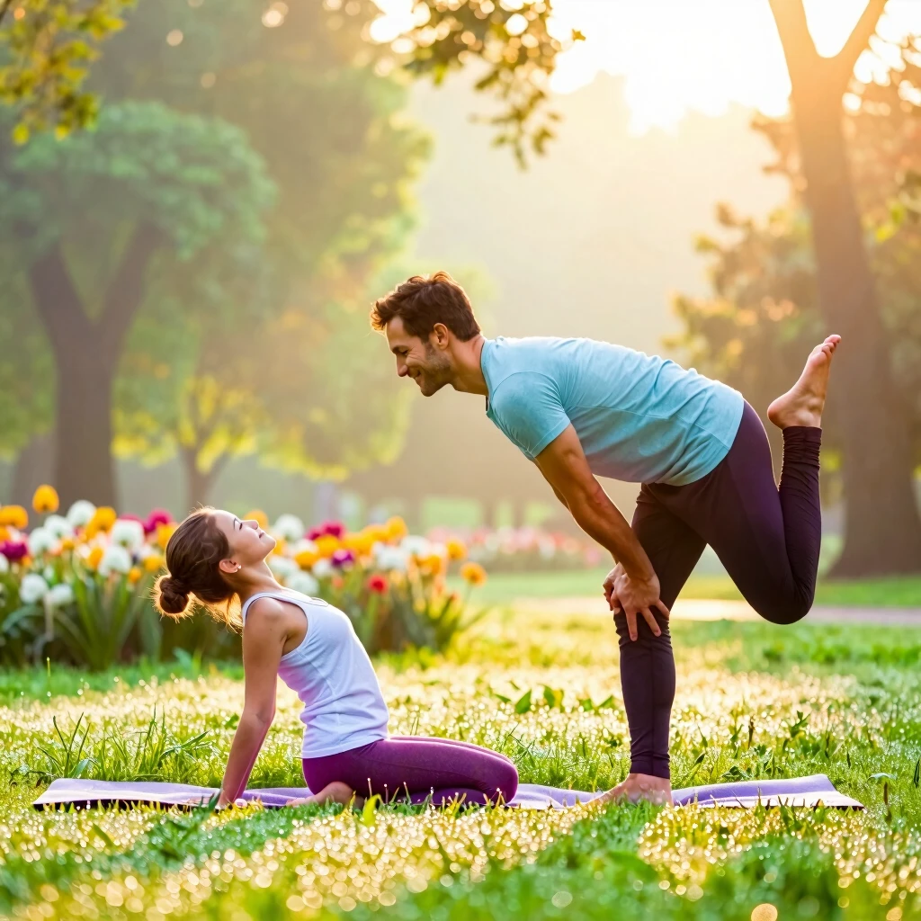 Couple practicing yoga to reduce stress and enhance fertility