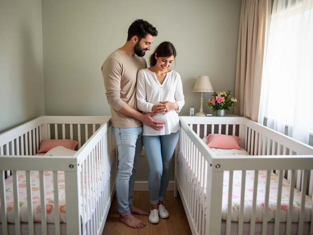 Couple in nursery looking at two cribs.