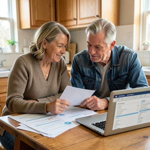 Couple reviewing fertility treatment financial planning documents at home