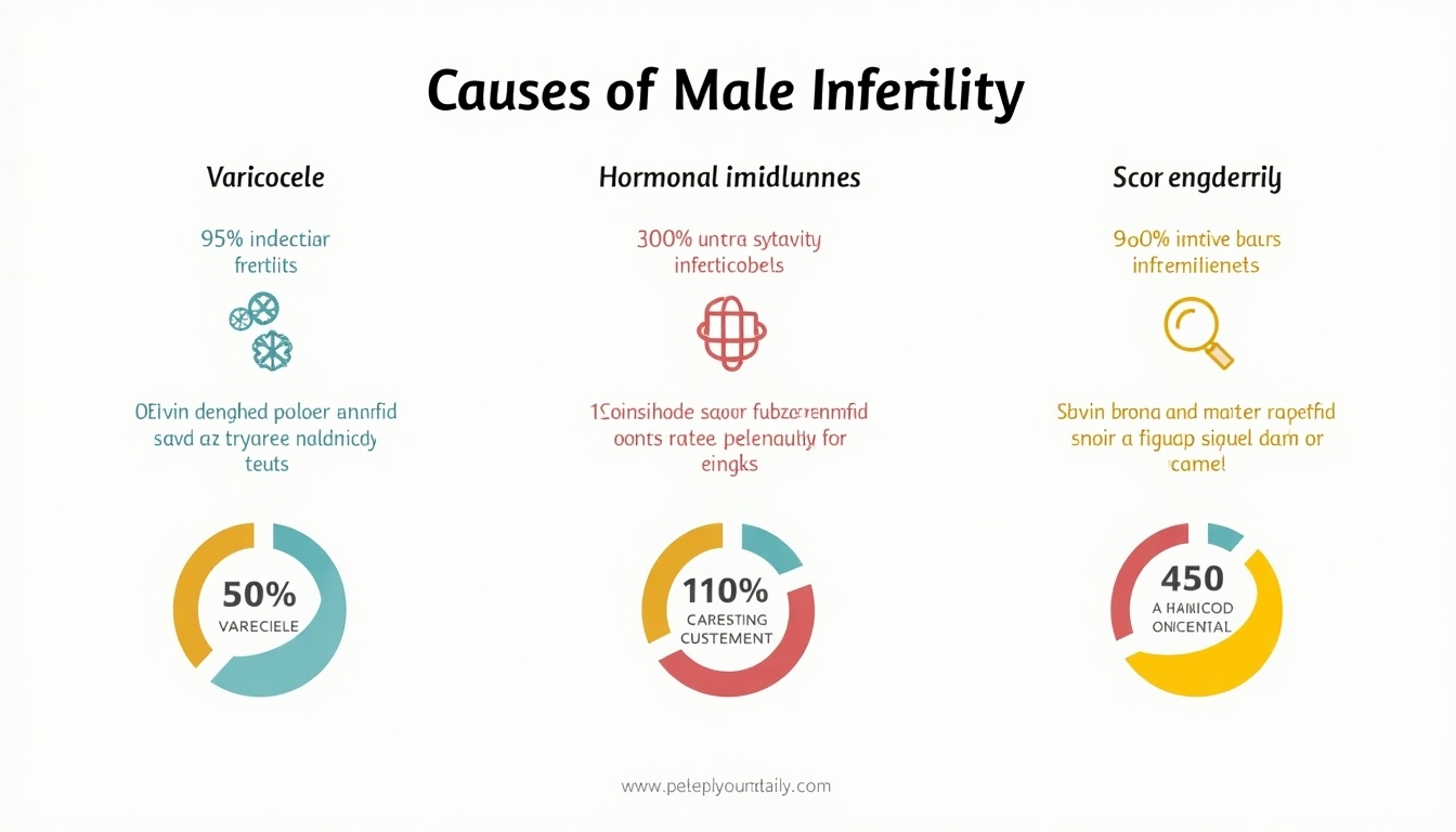 Infographic illustrating common causes of male infertility such as varicocele and hormonal imbalances.