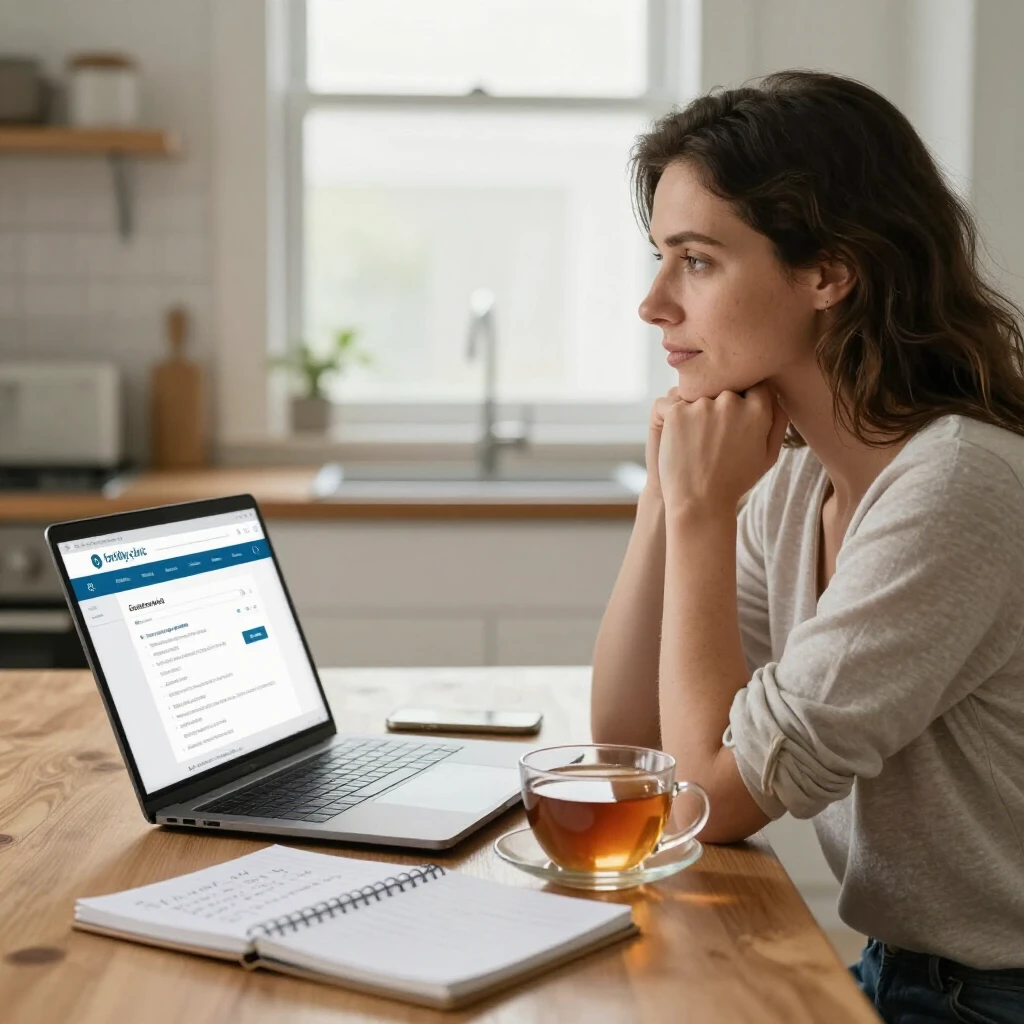 Single woman researching fertility options and legal considerations at home
