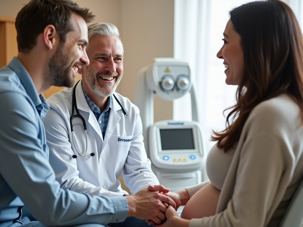 Fertility specialist welcoming LGBTQ+ couple in clinic