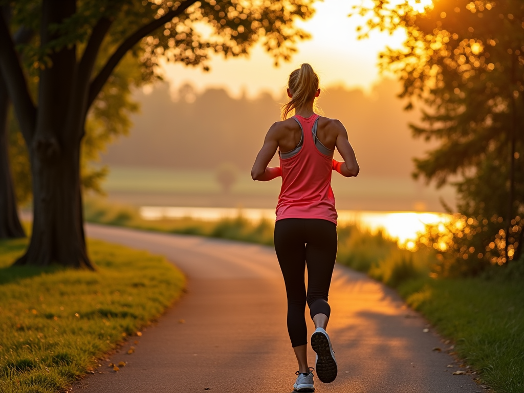 Person jogging outdoors at sunrise