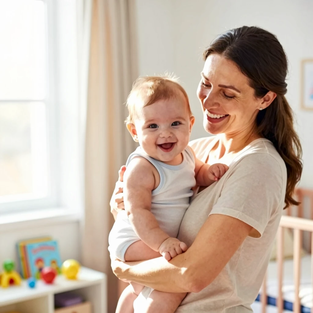Happy single mother holding her baby conceived through donor sperm
