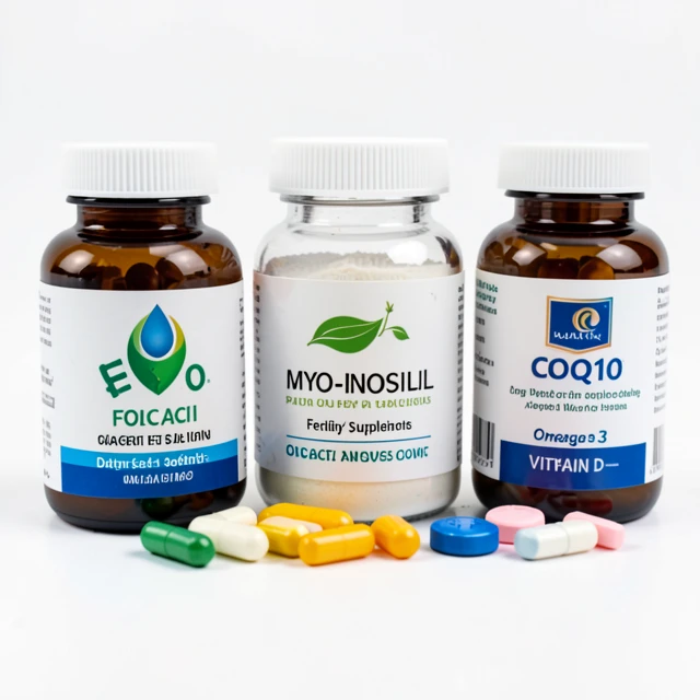 Assortment of top fertility supplements including folic acid, CoQ10, inositol, and omega-3s