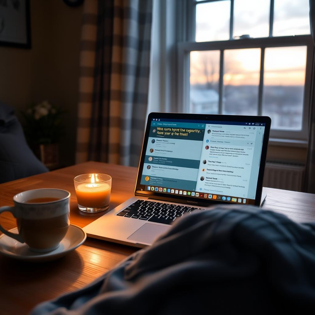 A cozy desk with a laptop showing an online support forum, a cup of tea, and a calm evening view.