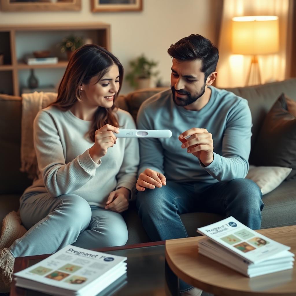Couple holding hands in a cozy living room, looking at a pregnancy test with hope and anxiety