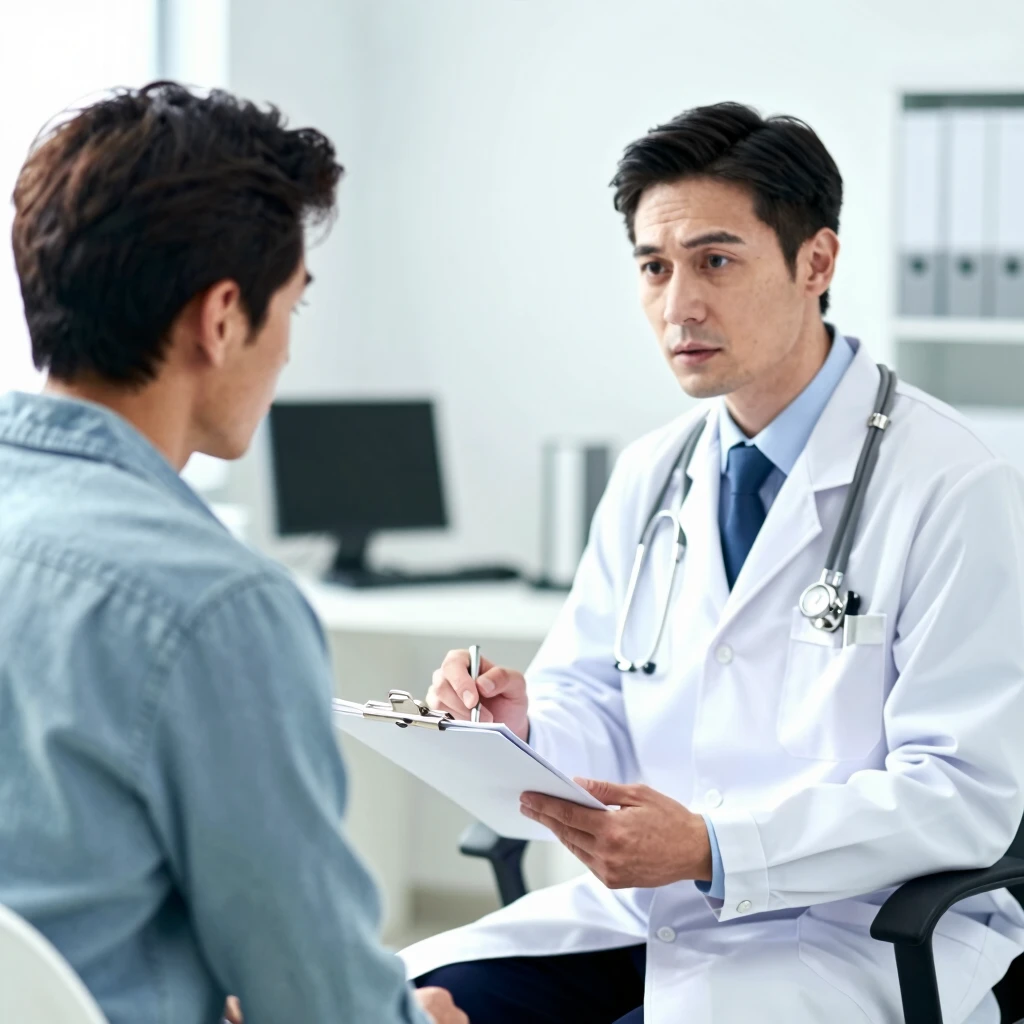 Doctor consulting with patient about male infertility in a supportive clinical setting