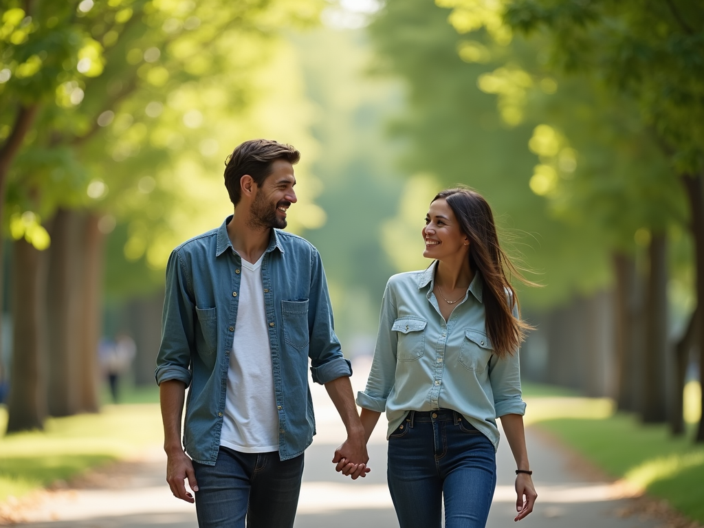 Couple walking in park holding hands