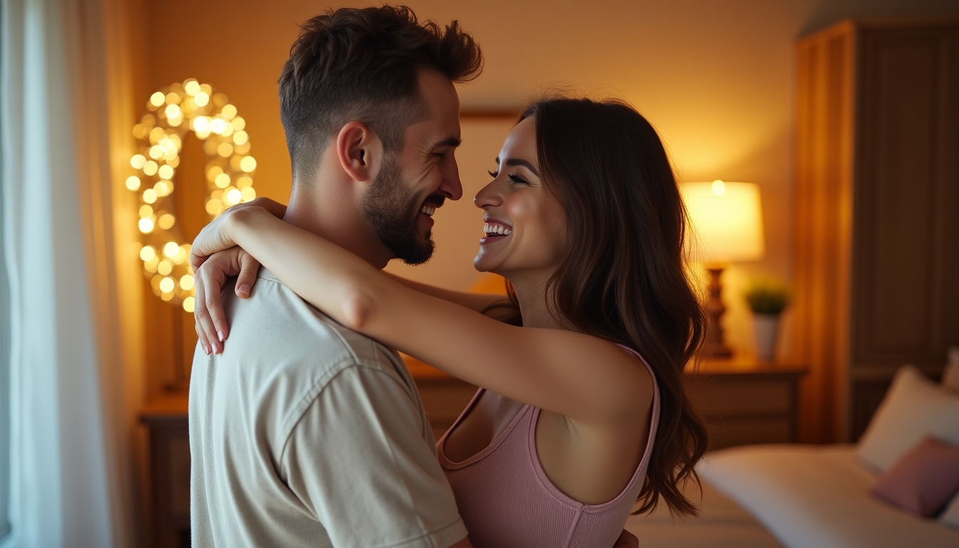 A couple holding a positive pregnancy test, looking joyful and hopeful.