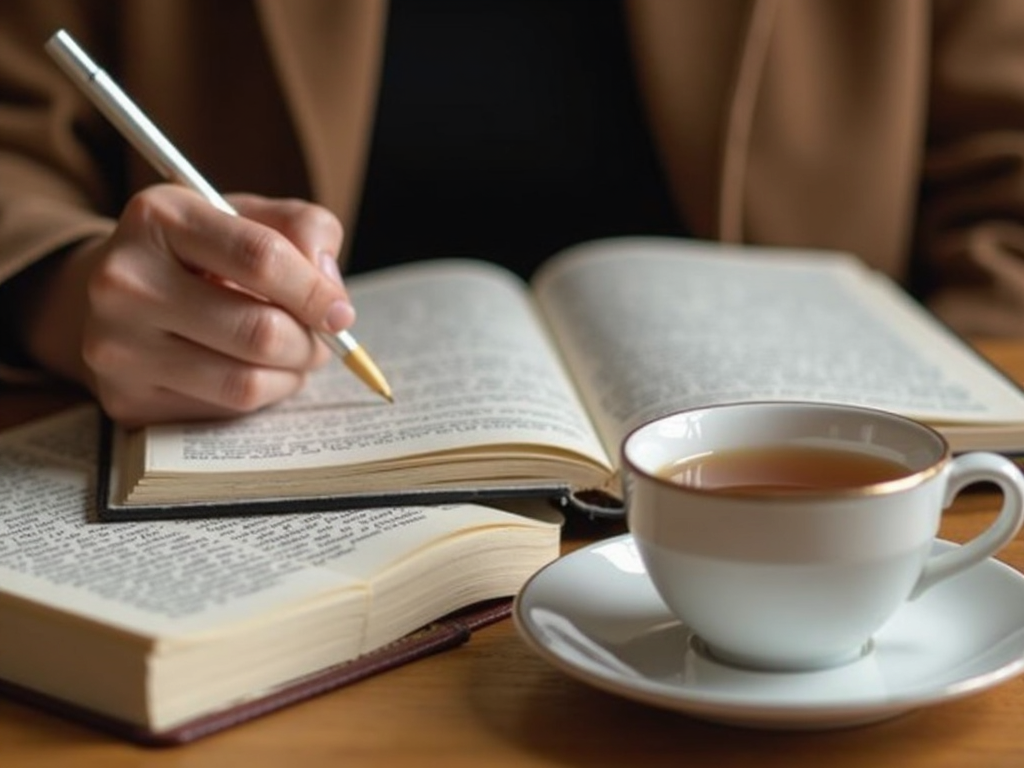 A person journaling with tea