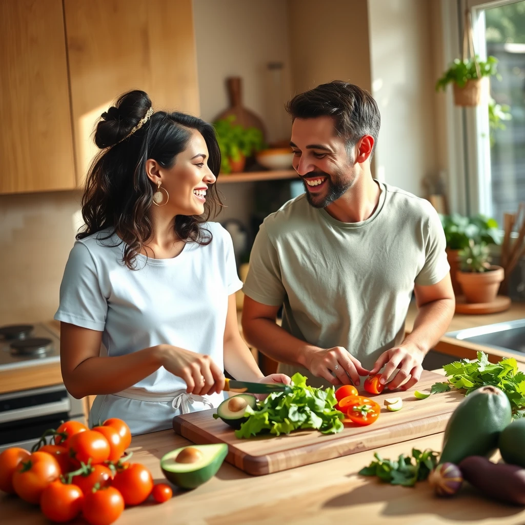 Couple preparing a healthy salad together in a bright kitchen