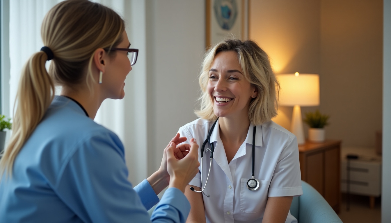 A gentle and heartwarming scene showing a medical professional talking kindly with a transgender person.