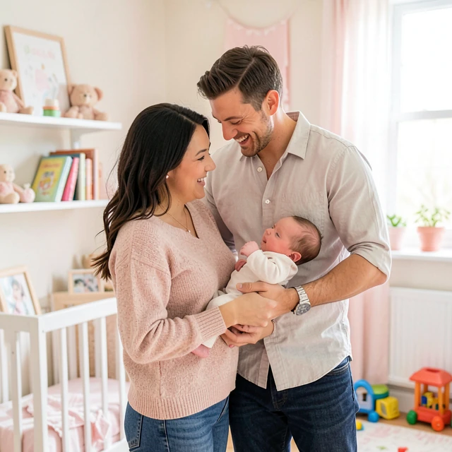 Happy same-sex parents with their newborn baby
