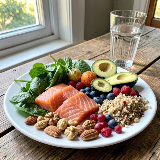 Plate of fertility-boosting foods including salmon, greens, and nuts