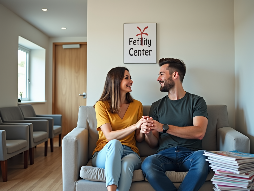 Couple in fertility clinic waiting room