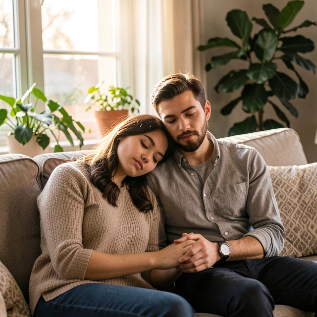 Couple offering mutual comfort and support during the difficult time after a miscarriage