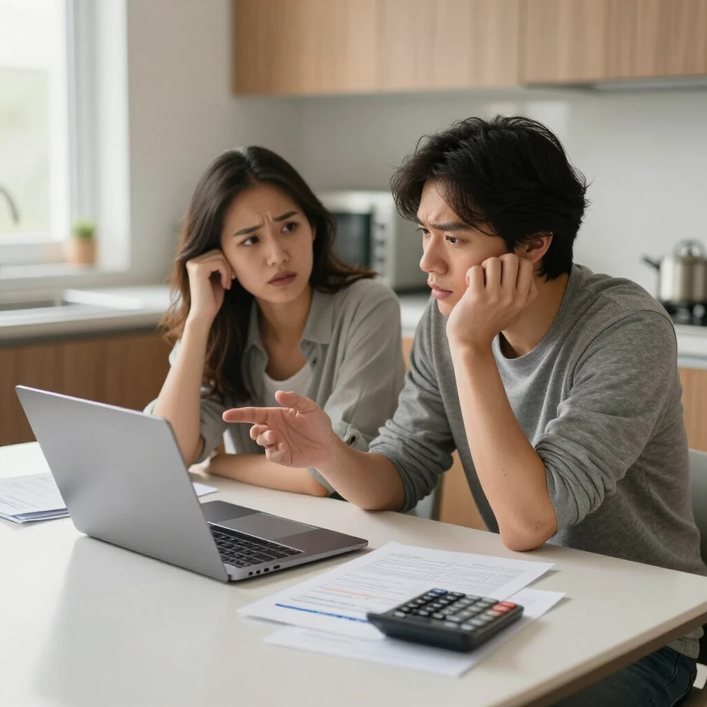 Couple discussing fertility treatment budget at home with worried but hopeful expressions