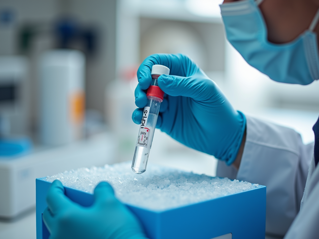 Scientist handling frozen vials in a lab