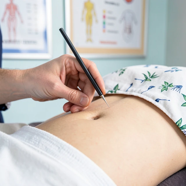 Acupuncturist carefully placing needles during a fertility-focused session