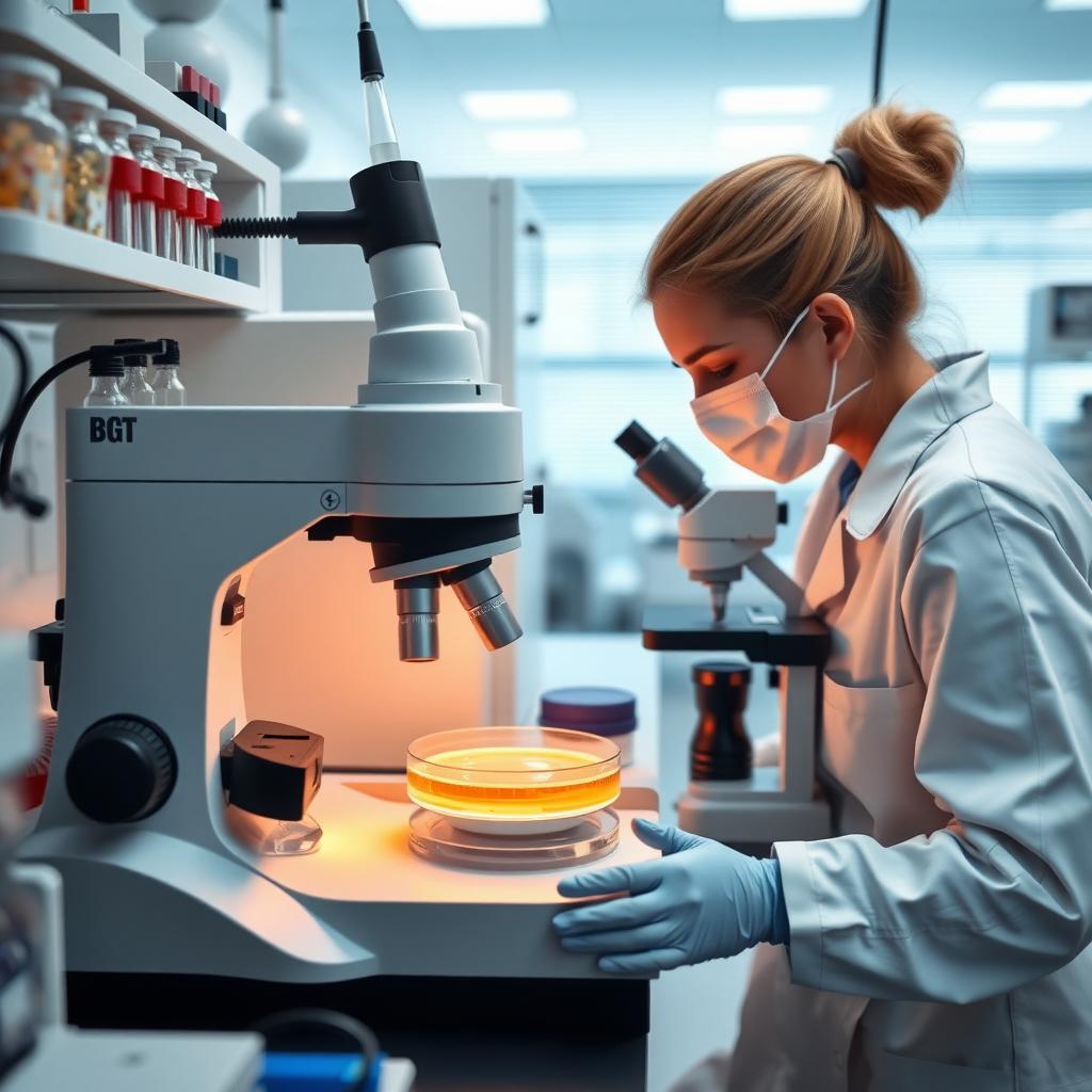Scientist examining petri dish in a fertility lab