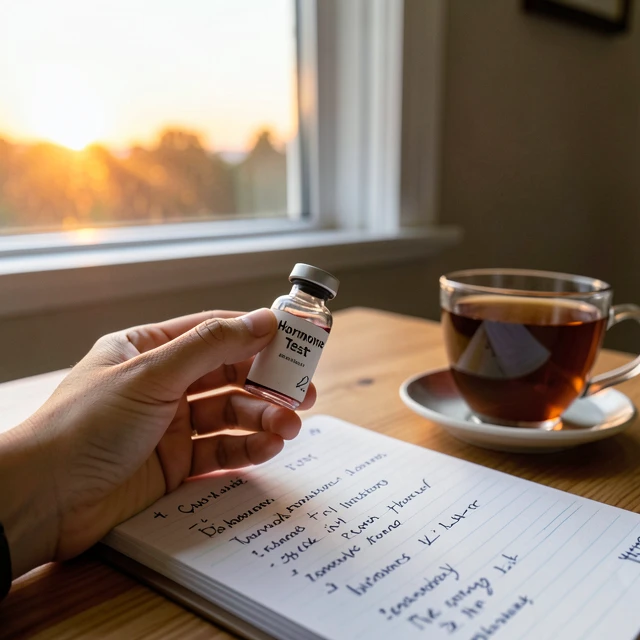 Hand holding a hormone blood test vial with cycle tracking notebook