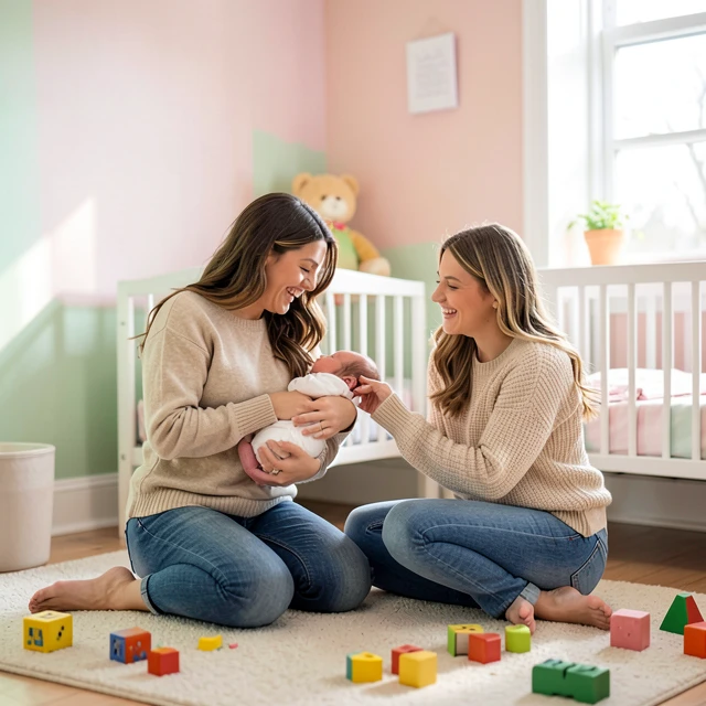Lesbian couple bonding with their newborn in a cozy nursery