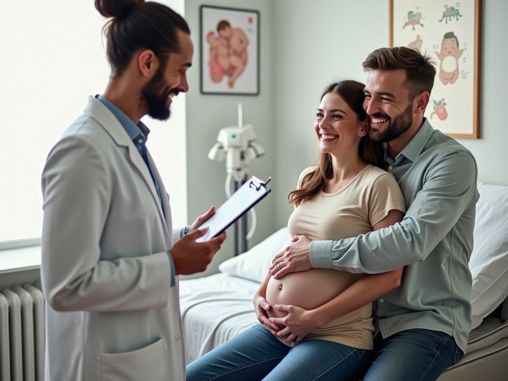 Happy couple receiving positive news from their fertility doctor.