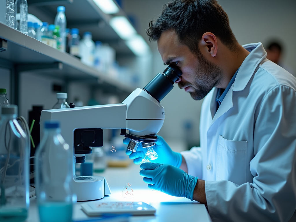 Scientist analyzing sperm sample for fertility testing.