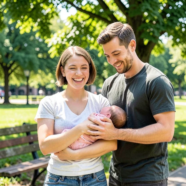 Hopeful young family in park, symbolizing successful fertility preservation outcome