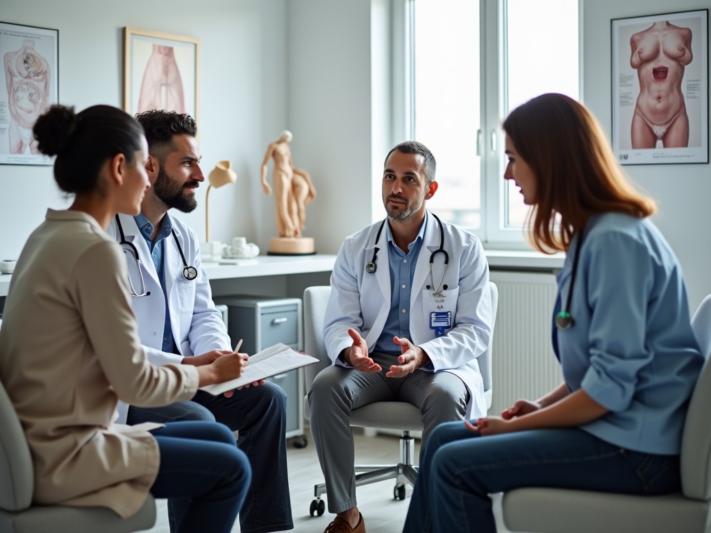 Medical team in a consultation room discussing IVF procedures.