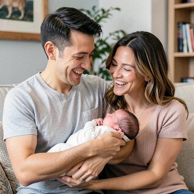 Happy couple with their newborn after overcoming infertility