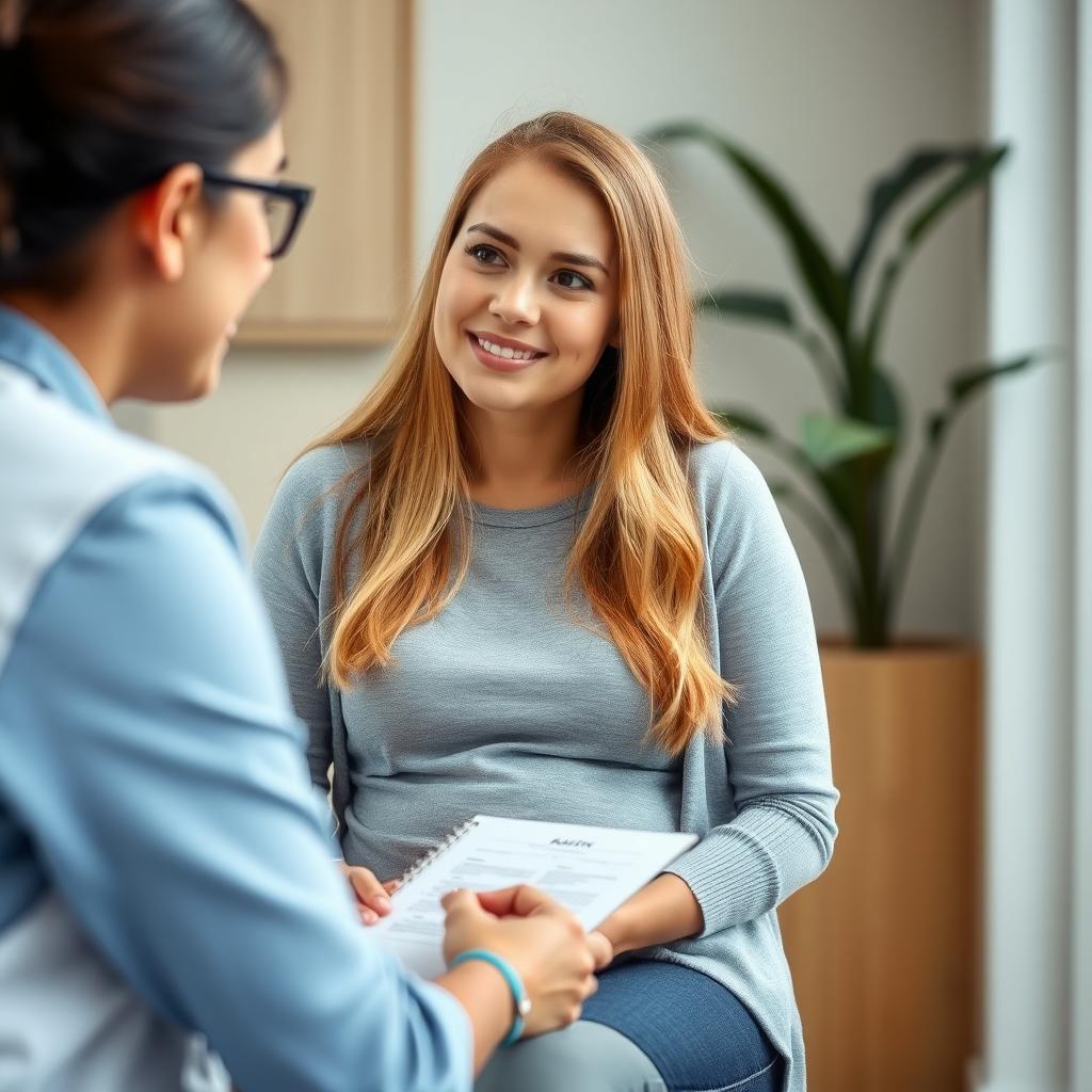 Photo of a young woman at a fertility preservation consultation with a specialist in a professional office setting.
