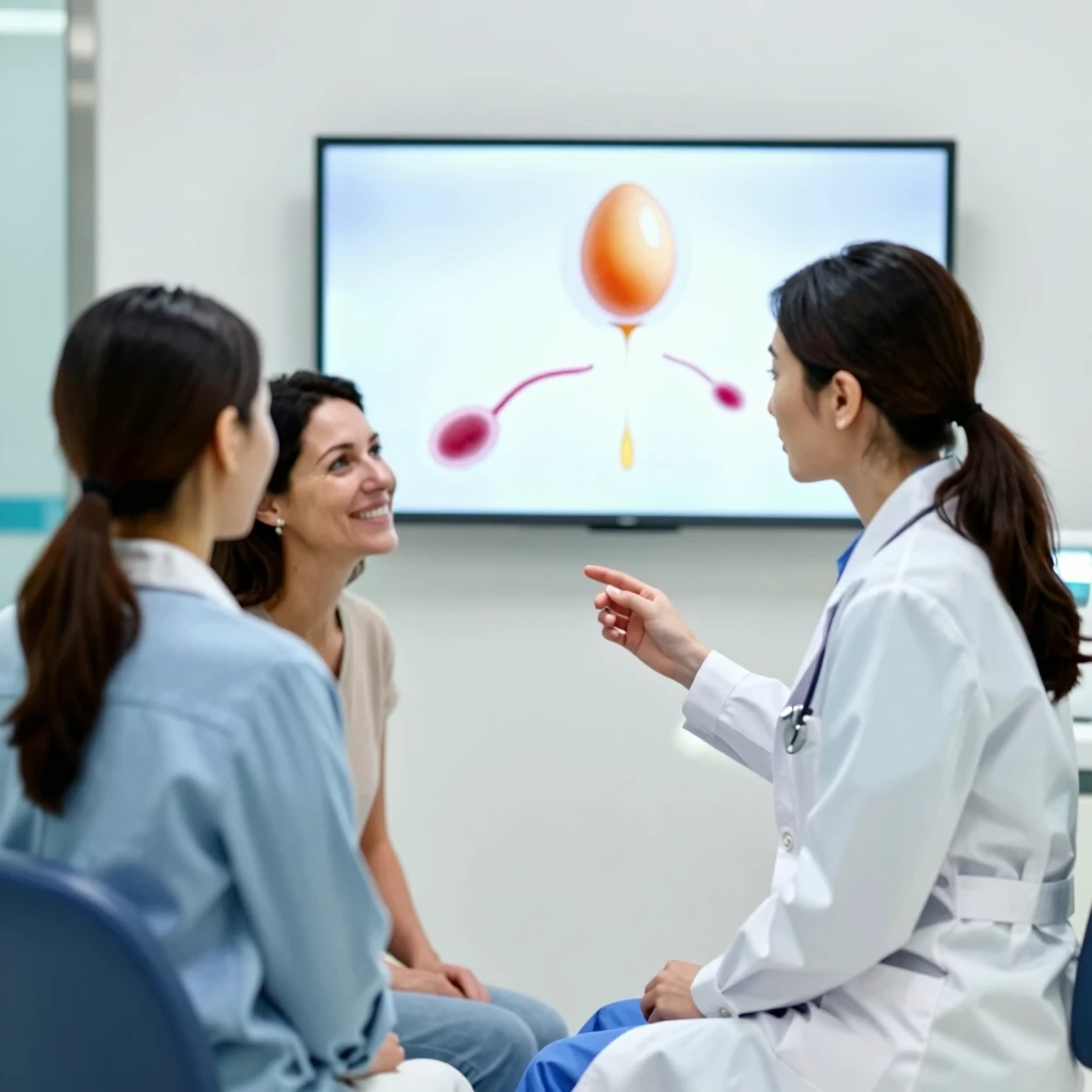 Doctor explaining IVF process to a couple in clinic