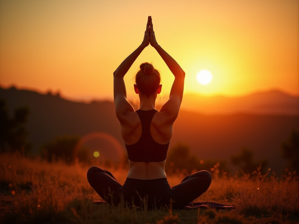Individual doing yoga outdoors at sunrise, surrounded by calm nature.