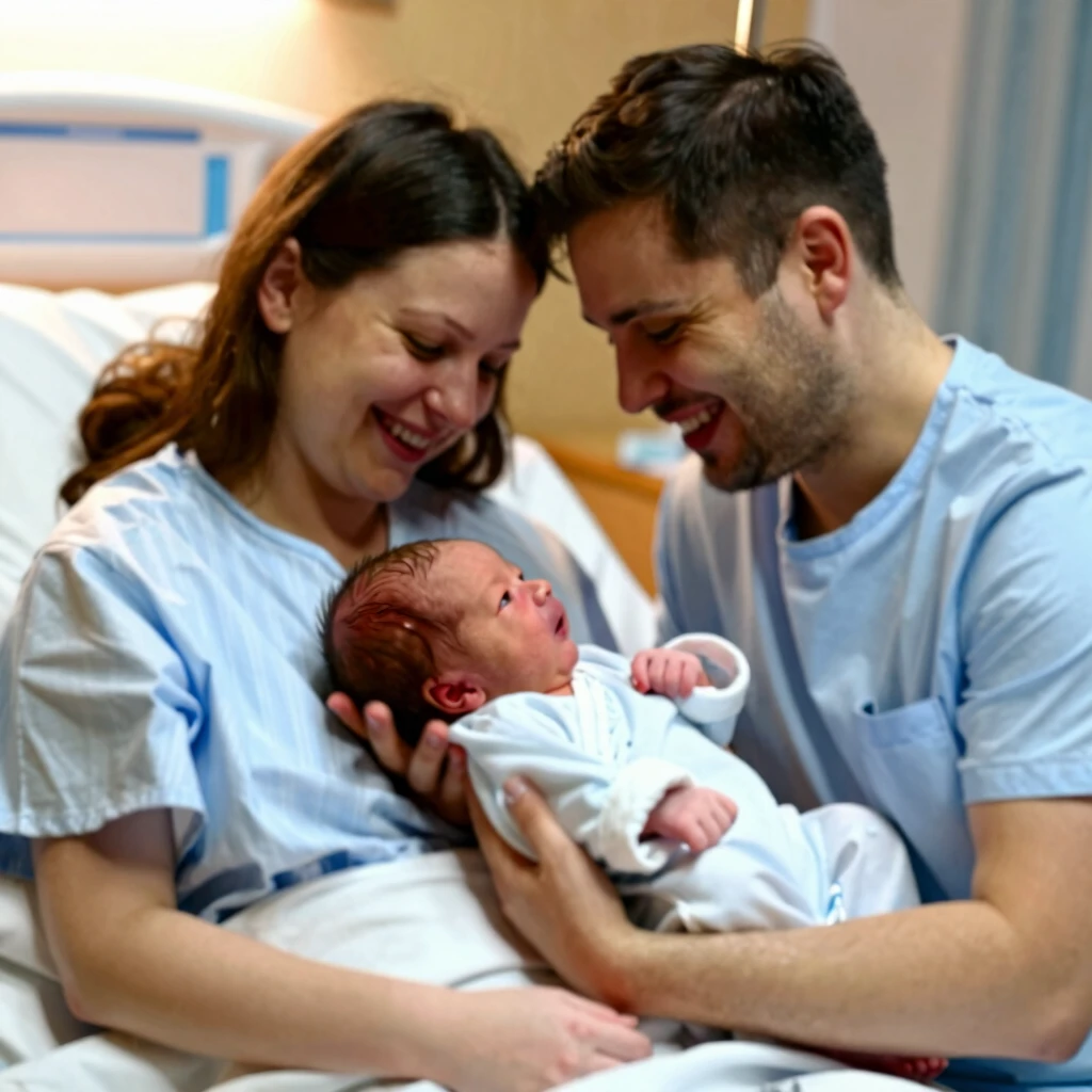 Happy couple with newborn baby after IVF success