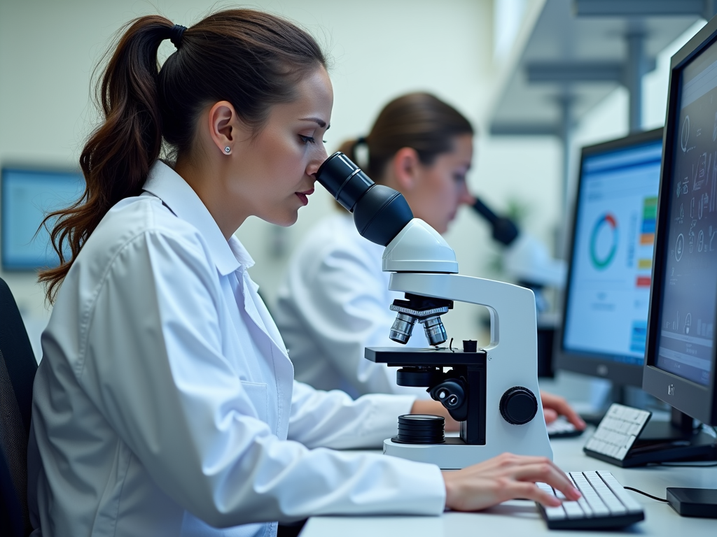 Technicians in a modern fertility lab using advanced technology.