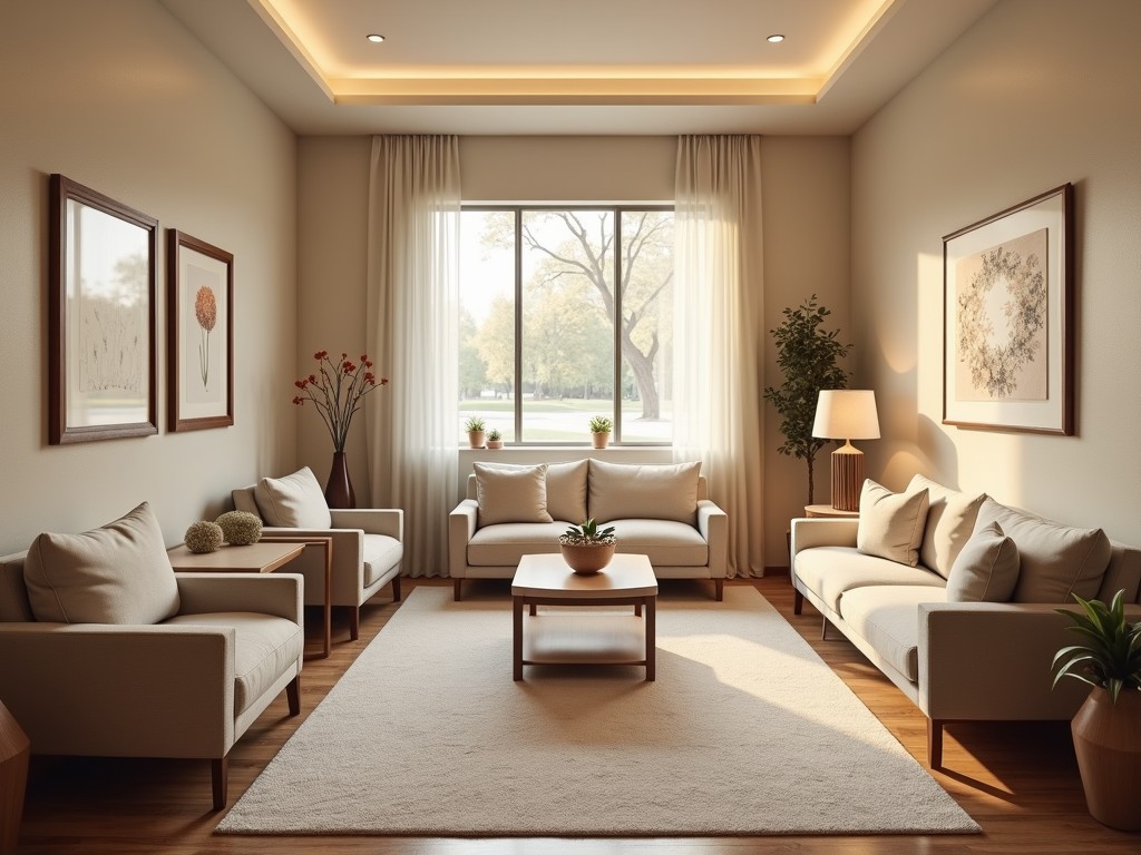 An inviting waiting room at a fertility clinic with comfortable seating and soothing decor.