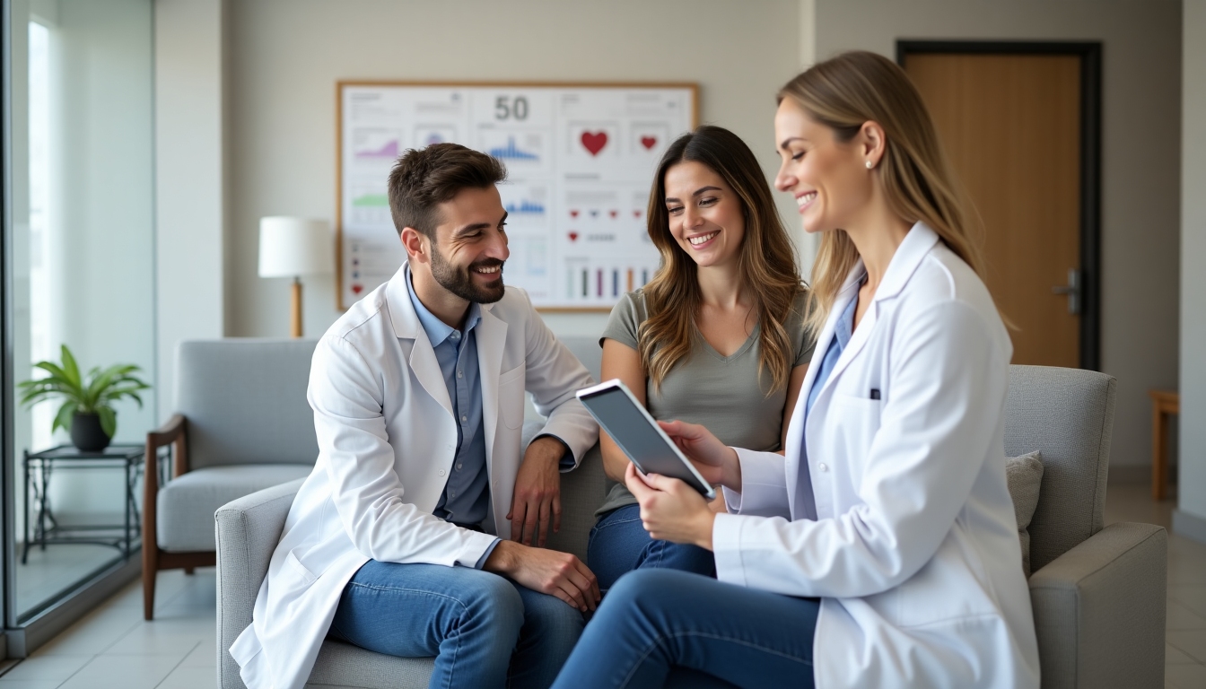 A couple having a conversation with a fertility specialist in an office.